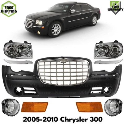Front Bumper Cover Primed Plastic & Headlights Kit For 2005-2010 Chrysler 300 Foto 1 de 4