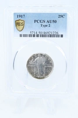 1917-P PCGS AU50 Tipo 2 Standling Liberty Quarter Business Strike 25C Foto 1 de 2