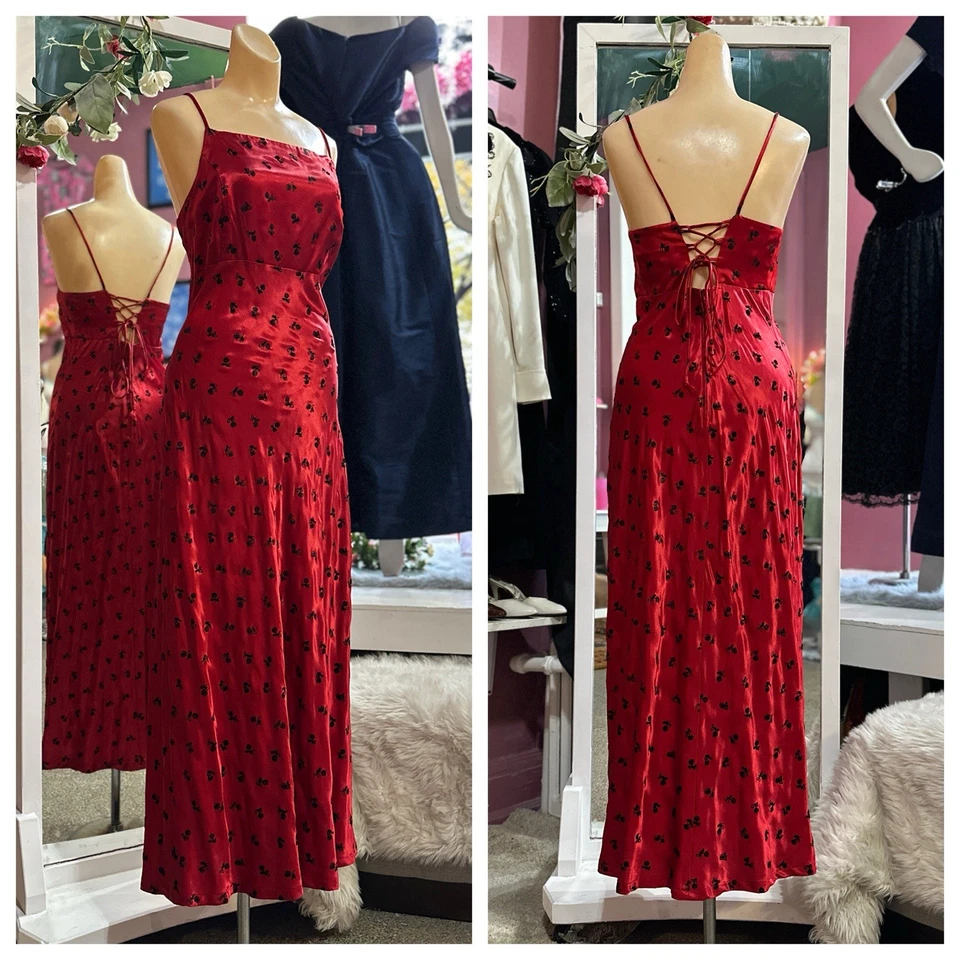 复古 90 年代花卉印花长裙红色黑色绑带垃圾缎奇思妙想 S — 第 1/4 张图片