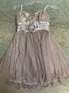 Speechless Ivory Gold Sequin Glitter Homecoming Formal Short Strapless 3 Dress - Picture 1 of 5