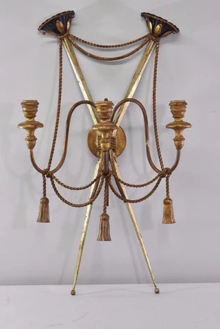 ANTIQUE 3 ARM WROUGHT IRON CANDLEHOLDER WALL SCONCE W/ ROPE DETAIL Cover