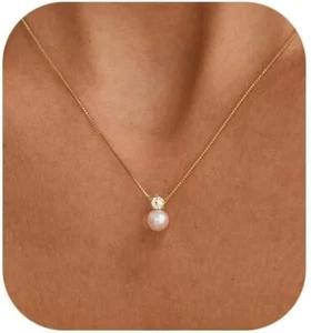 Pearl Necklace for Women 14K Gold Plated CZ Pendant Choker,Trendy Jewelry - Picture 1 of 6