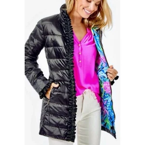 Lilly Pulitzer Doria Puffer Jacket Black Ruffles Down Filled Women's Size 2 - Picture 1 of 17