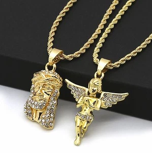 Catena in corda placcata oro 14 kt alta moda cubico-zirconi Gesù e angelo 30" e 24" - Foto 1 di 5
