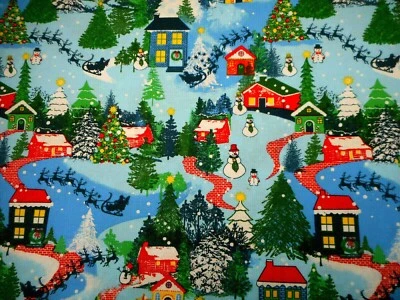 Christmas Fabric 1 1/8 Yard Village Scenic Snow Santa Sleigh on Blue Cotton #8 C - Image 1 of 2