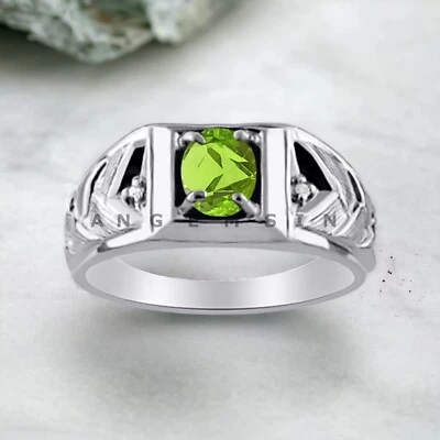 Piedras preciosas de peridoto con anillo de novio de plata de ley 925 para hombre #AL968 Foto 1 de 4