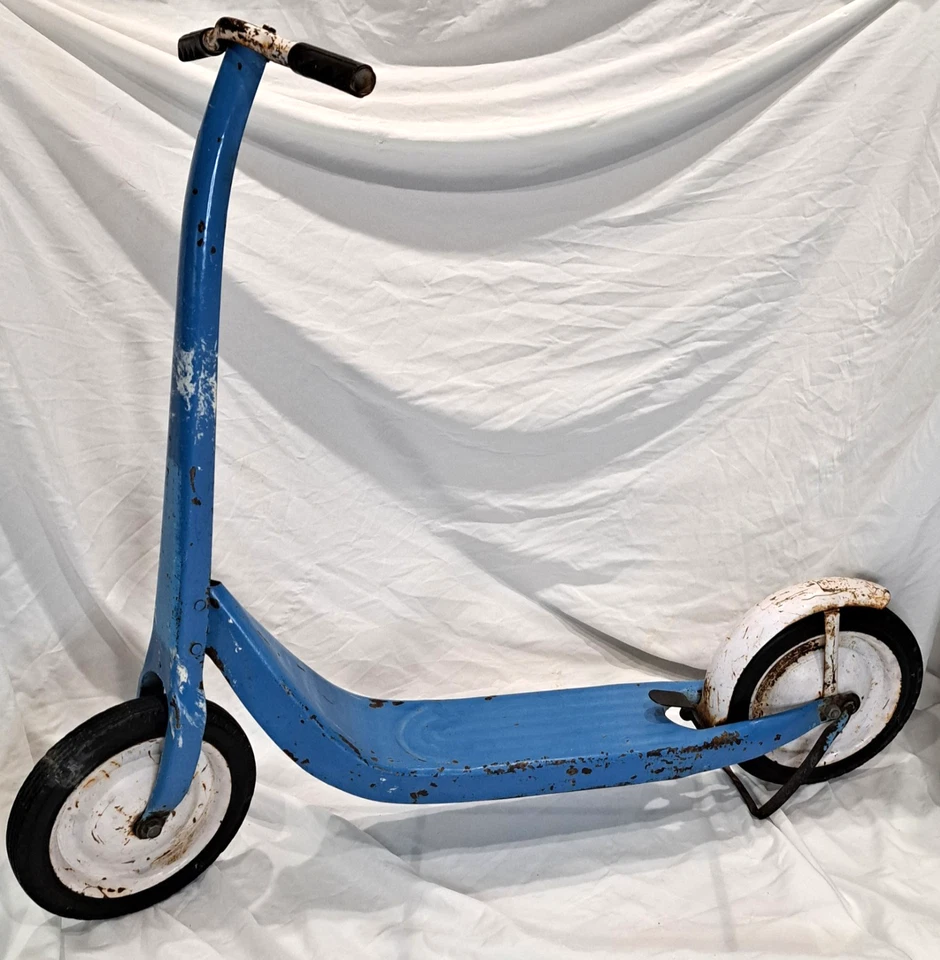 Radio Flyer Scooter Vintage Años 50 Azul 2 Ruedas Metal Empuje Juguete Pata de cabra Freno Raro Foto 1 de 4
