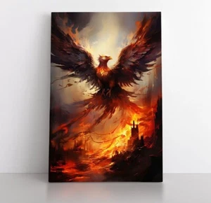 Feuriger Phönix Vogel steigt aus Asche Feuer Leinwand Wandbild Poster Druck Fantasy - Bild 1 von 8