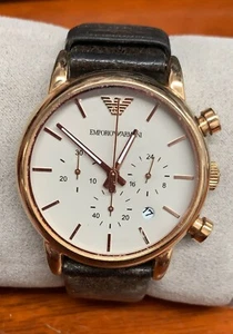 Emporio Armani AR1809 Classic Silver Dial Leather Strap Chronograph Men's Watch - Picture 1 of 1