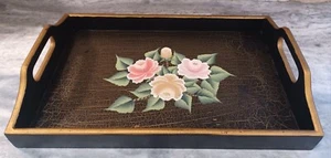 Wood Hand Painted Vintage Tray With Flowers Crackle Finish 15" x 9 1/2" - Picture 1 of 8