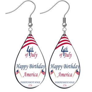 Patriotic Teardrop Earrings Happy Birthday America US Flag July 4th Jewelry - Picture 1 of 4