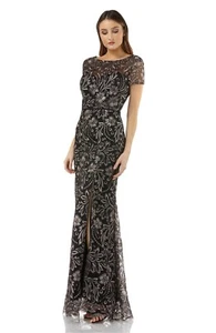 JS COLLECTIONS Pink Black Embroidered Lace High Slit Sheer Yoke Maxi Gown 6 = S - Picture 1 of 10