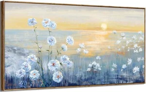 Blue Ocean Sunset Framed Wall Art Abstract Coastal Wild Flowers Beach Picture... - Picture 1 of 8
