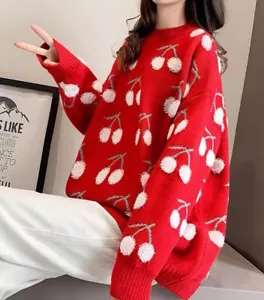Mujeres Cuello Redondo Tejido Mangas Largas Algodón Suéter Cereza Otoño Invierno Prenda para el torso - Imagen 1 de 5