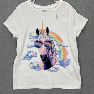 NEW Carter's Girls Unicorn T-Shirt 10/12 White Short Sleeve Rainbow Glasses - Picture 1 of 13