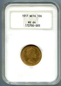 1917 NETHERLANDS GOLD 10 GUILDER GULDEN Queen Wilhelmina NGC MS64 OLD FAT HOLDER - Picture 1 of 2