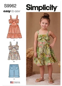 SIMPLICITY SEWING PATTERN 9962 GIRLS 3-8 EASY OPEN BACK RUFFLE DRESS TOP SHORTS - Picture 1 of 9