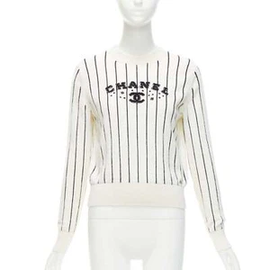 CHANEL 2023 100% cashmere cream black striped logo varsity sweater top FR36 S - Picture 1 of 9