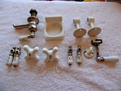 Lot of Vintage Plumbing Porcelain Faucet Handles, cup holder, towel bar & misc. - Image 1 of 4
