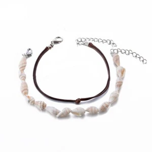 White Sea Shell and Brown Cord Adjustable Length Bracelet Anklet - 2 Piece Set - Picture 1 of 4