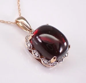 Rose Gold Garnet Cabochon and Diamond Halo Necklace Gemstone Pendant Chain - Picture 1 of 5