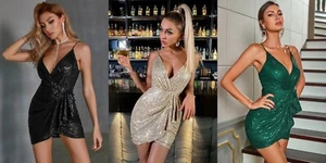 Women Sexy Mini Stretch Strappy Glitter Sequin Wrap Bodycon Party Clubwear Dress - Picture 1 of 14
