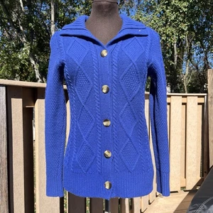 L.L. Bean Women’s Merino Wool Blend Royal Blue Cable Knit Cardigan Sweater Sz S - Picture 1 of 7