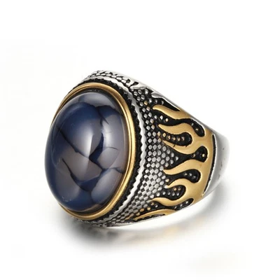 Anillo para Hombres Ojo de Tigre Titanio Acero Llama Anillo Dos Tonos Chapado Talla 8-13 Foto 1 de 4