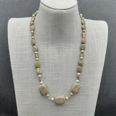 Unakite 碧玉串珠项链天然绿色粉红色椭圆形厚切换扣 20 — 第 1/4 张图片