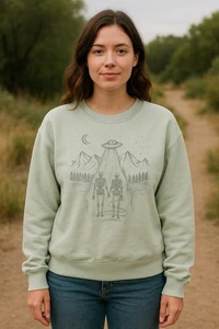 American Eagle Alien UFO Skeleton Crewneck Sweatshirt Mint Green Medium Unisex - Picture 1 of 9