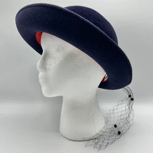 Vintage Georgi Navy Wool Felt Hat w/Grosgrain Ribbon & Net Accents Small NWT /cb - Picture 1 of 8