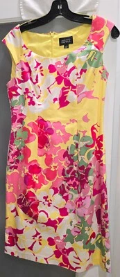 Vestido Adrianna Papell Rosa Brillante y Amarillo Floral Lápiz Cambio, Forrado, Talla 4 Foto 1 de 4