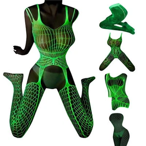 Sexy Lingerie Fishnet Body Stockings Glow Dress Underwear Sleepwear Bodysuit - Picture 1 of 17