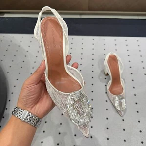 Amina Muaddi 2025, Pointed Rhinestone Lace Heels Sandals Slingback Shoes Women - Picture 1 of 42
