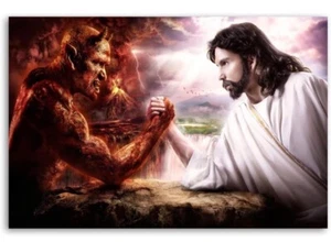 Jesus Christ & The Devil Arm Wrestling 15,5”x23,5” Leinwand Wandbild Poster Druck - Bild 1 von 2