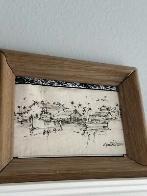 Hand-Drawn Calligraphy Art Of Japanese-inspired Harbor On Napkin, Framed In Wood - Image 1 of 2