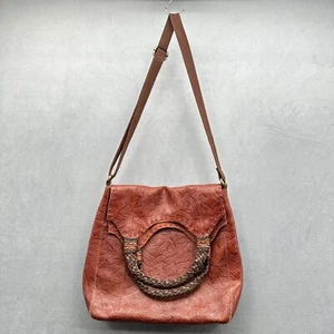 The SAK Leather Shoulder Bag Purse Fold Over Embossed Crossbody Rust Boho Woven - Picture 1 of 17