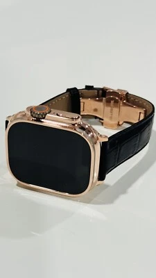 24k ROSE Gold Plated Apple Watch ULTRA 2 49mm Black Leather Band CUSTOM Lux Box - Image 1 of 4