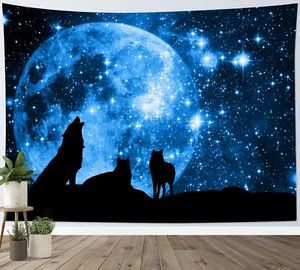 Wolf Tapestry Wall Hanging Full Moon in Blue Space Tapestries Wild Animal Wolves - Picture 1 of 8