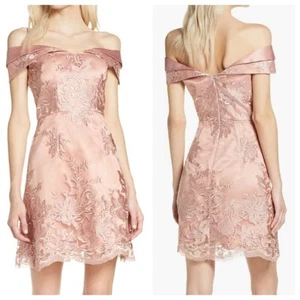 Chi Chi London NWT Jameela Off the Shoulder Embroidered Pink Satin Mini Dress 8 - Picture 1 of 8