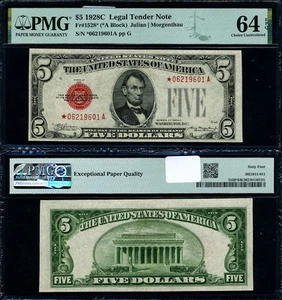 FR. 1528* $5 1928-C Legal Tender *-A Block Choice PMG CU64 EPQ Star - Picture 1 of 3