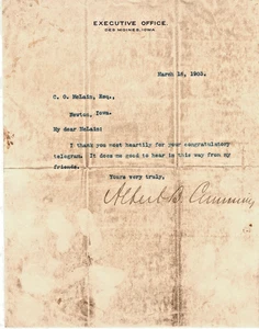 1903 Iowa Gouverneur Albert B. Cummins Executive Office Briefkopf handsigniert - Bild 1 von 1