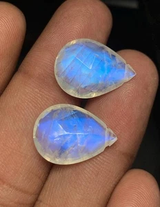 AAAAAA Quality Rainbow Moonstone Pear Shap Briolette Blue Fire Rose Cut 13x18 MM - Picture 1 of 20
