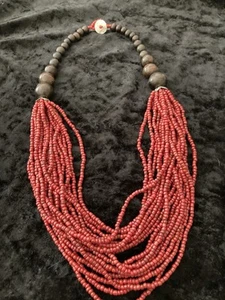 Vintage Boho necklace Red/Coral Seed Beads 20 Strands & Wood Beads Bali Handmade - Picture 1 of 6