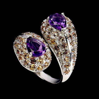 925 Sterling Silver Ring Pear Amethyst 8x6mm Sapphire Gemstone Jewelry Size 9 - Image 1 of 4