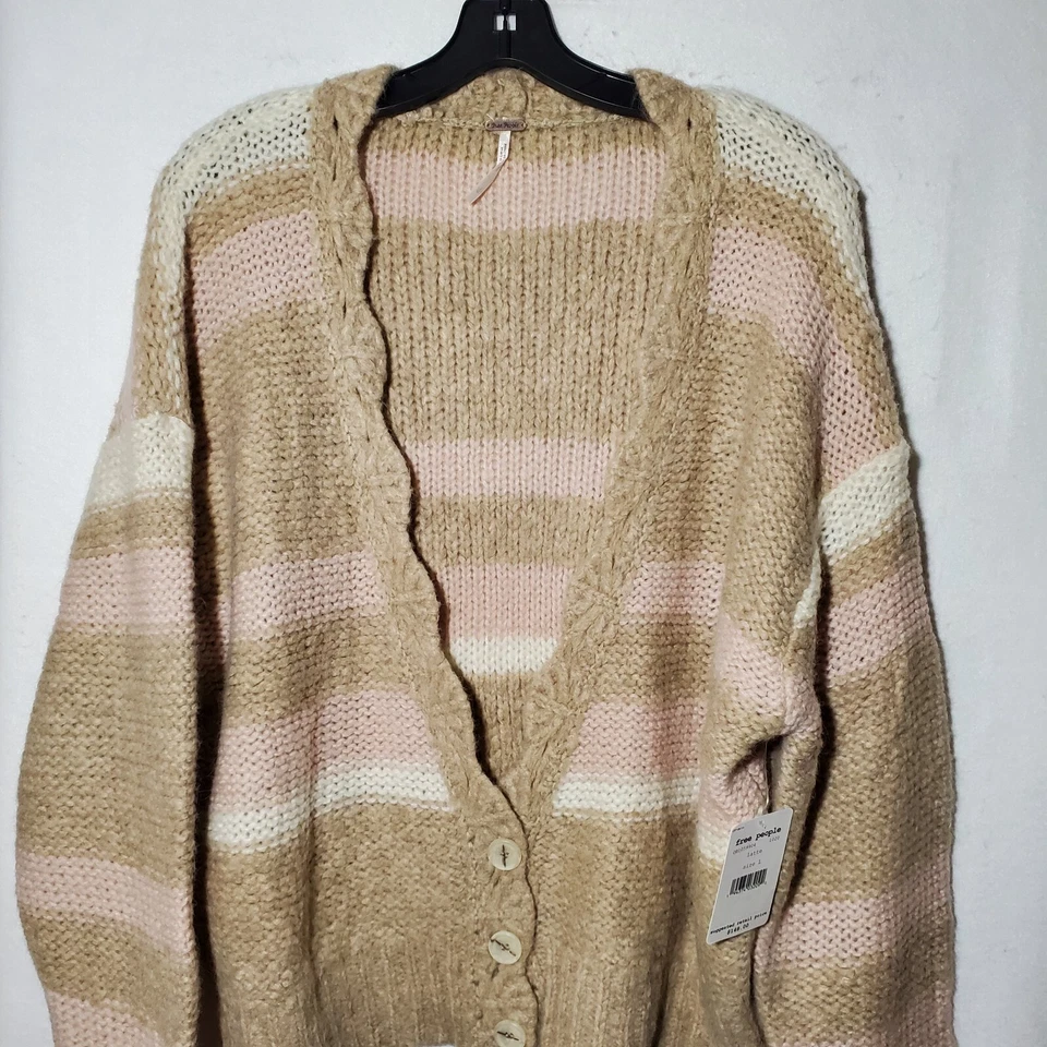 People Sweater Fine Time Cardigan Stripe Women Beige Sz L 459