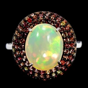 NATURAL AAA RAINBOW OPAL OVAL & SAPPHIRE STERLING 925 SILVER RING SIZE 7.25 - Picture 1 of 6