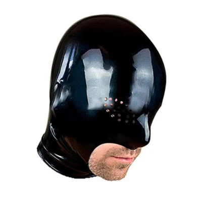 Black Latex Hood Open Perforated Mesh Eyes Back Zipper Rubber Mask Club Wear - Image 1 of 2