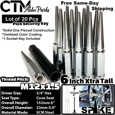 20x 6" Xtra Tall Chrome 12x1.5 Spike Lug Nut + Socket Key Fit Mazda Kia Models - Image 1 of 4