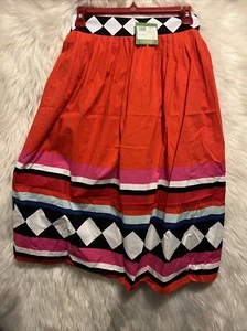 Kate Spade Red Multi Haute Stuff Geo Border Poplin A-line Midi Skirt Size 0 $298 - Picture 1 of 9